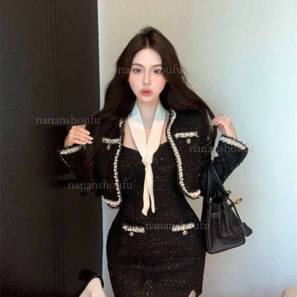 2026 Designer Set Luxury Brand Coarse Tweed Black Coat Trendy Spicy Girl Suspender Dress Short Skirt Small Two-piece Set Shopping Date Essential Women