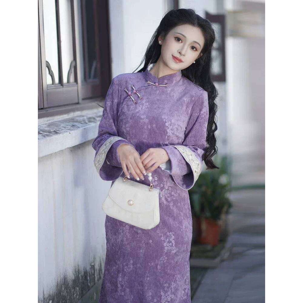 Women Purple Cheongsam Slim Fit Improved Qipao Vintage Chinese Style Autumn Sleeve Plum Floral Long Dresses MAKOUFEI