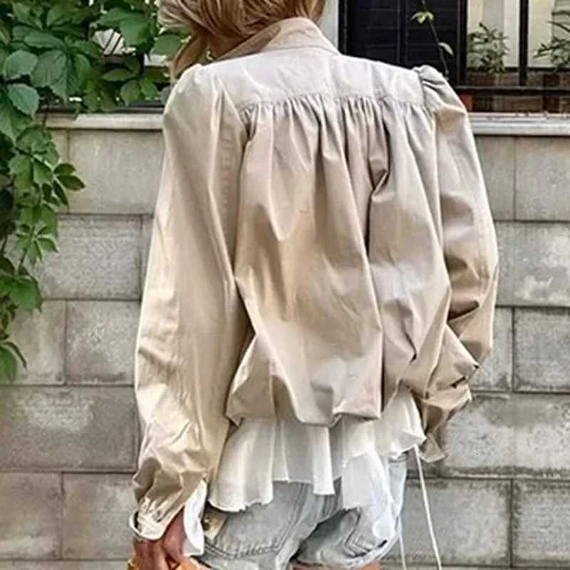 Casual Short Jackets Women Loose Chic Pleated Lantern Sleeve Stand Collar Single Breasted Coats Female 2025 Autumn Solid OutwearT260328