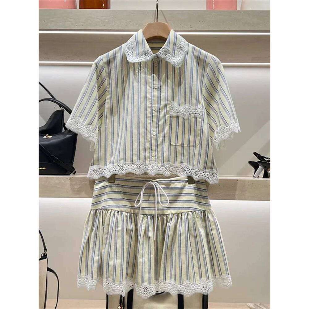 Summer Women Single Breasted Short Top + Drawstring Mini Skirt Female Stripe Embroidery Set Mdng260330