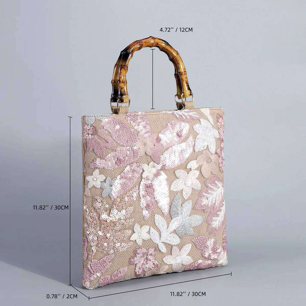 Chinese Embroidery Bamboo Handle Embroidery Shopping Bag Retro Ladies Lace Weaving Tote Colorful Sequins Cotton Linen Woven Handbag With Inner Bags Cl