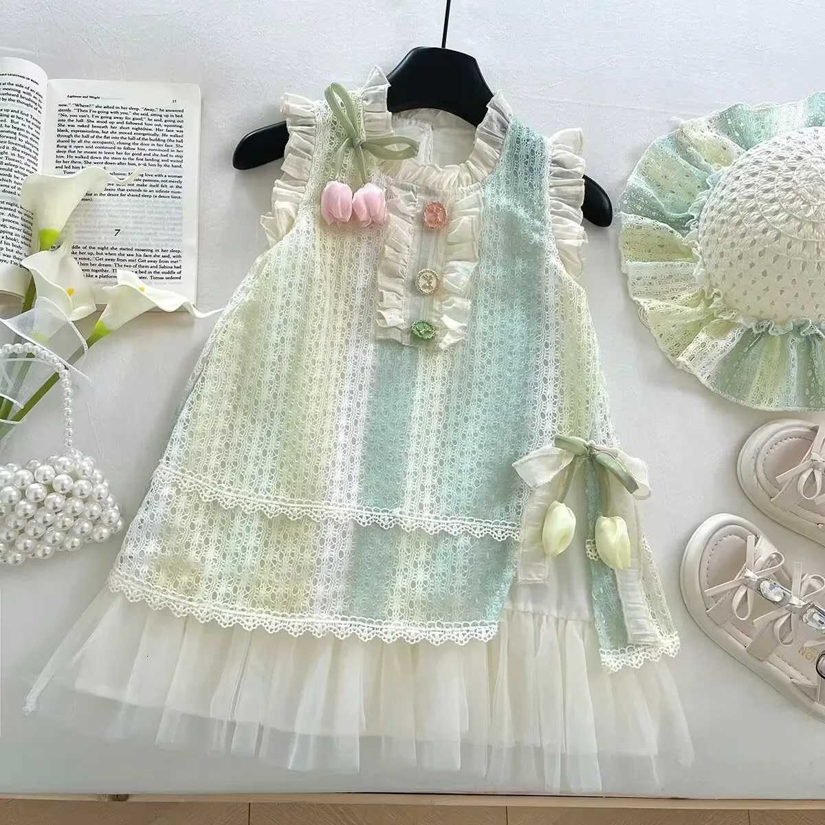 Girls Casual Dresses Sleeveless Lace Sundress Lace Flower Princess Dress Kids Dresses for Girls 2 To 8 YearsT260330