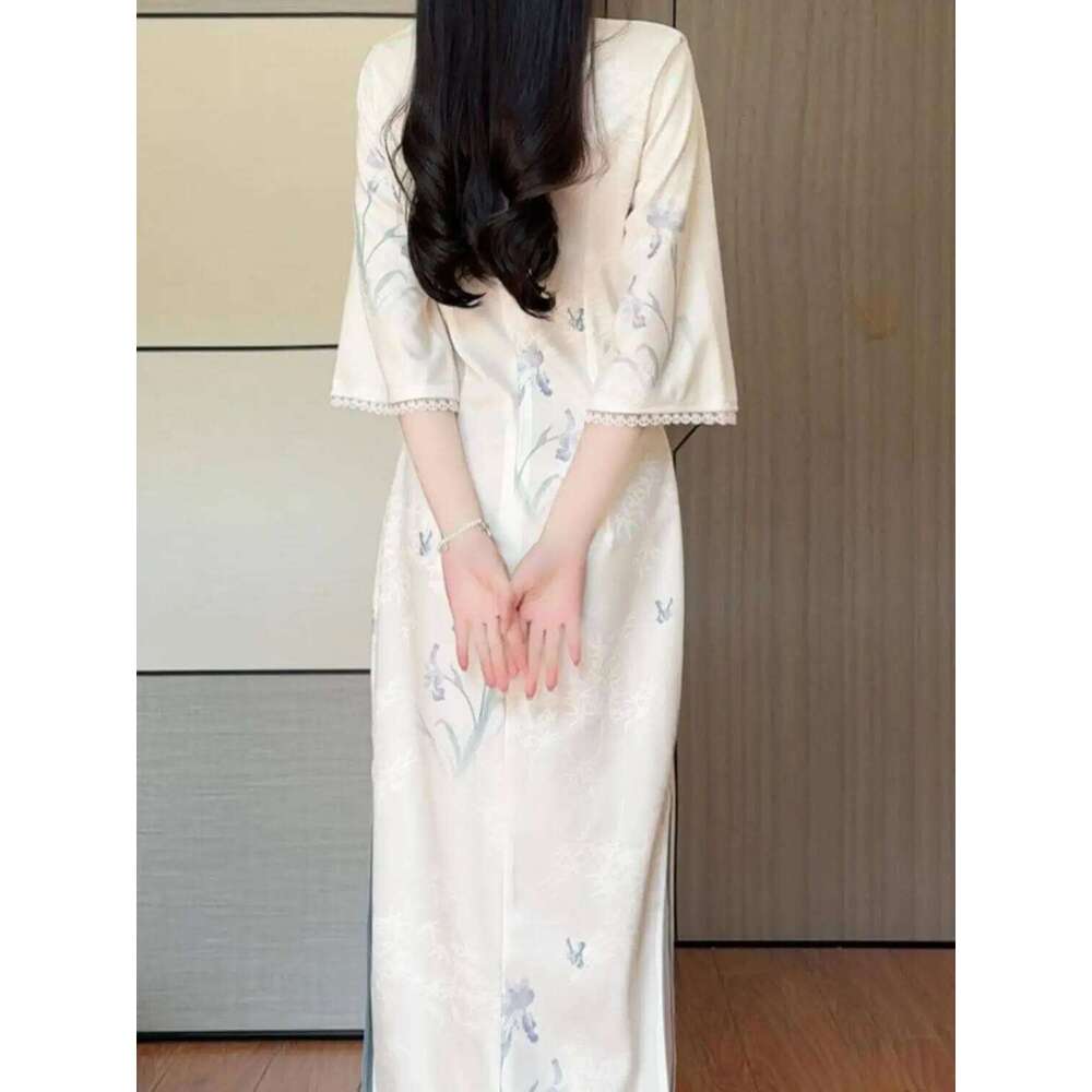 Elegant Improved Cheongsam New Chinese Style Floral Lace Inverted Large Sleeves Young Girl Long Qipao Dress Spring MAKOUFEI