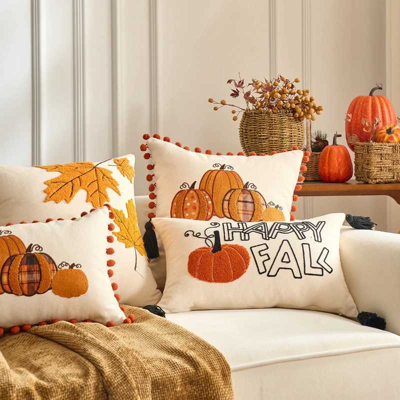 Pumpkin Tufted Velvet Throw Pillow Cover Autumn Cushion Cover Maple Leaves Pillowcase for Home Sofa Living Room Fall Decor H260330 - view 4