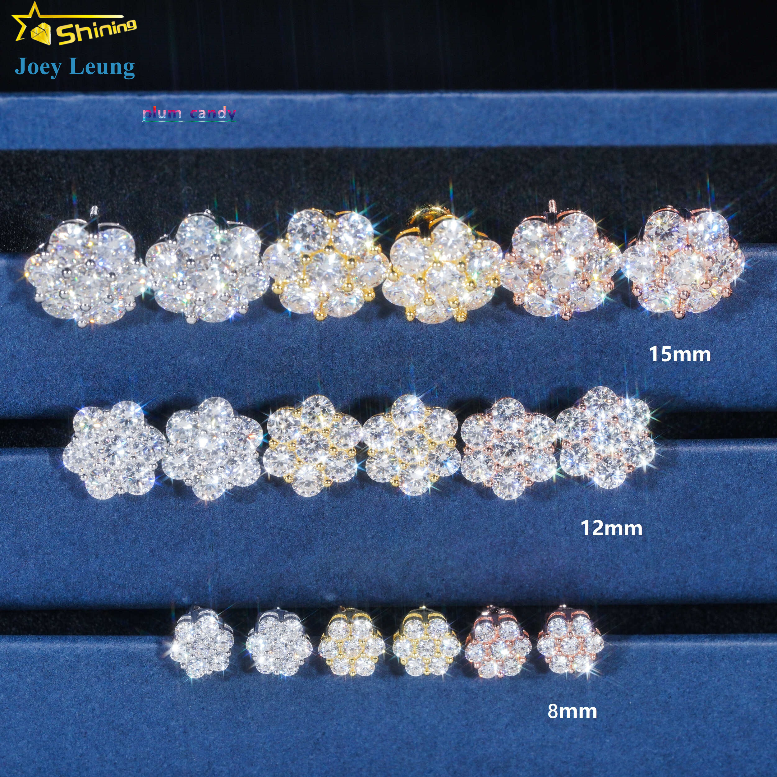 Ready to Ship Hip Hop Style Pass Diamond Tester 925 Silver Gold Plated VVS Diamond Moissanite Flower Stud Earrings Cluster