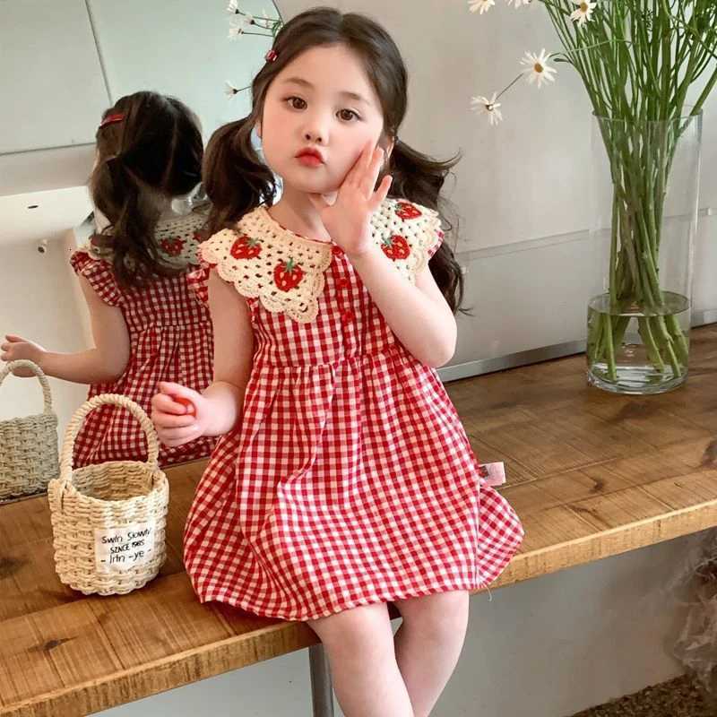 Humor Bear Girl Casual Dress 2026 New Fashion Strawberry Crochet Collar Plaid Flying Sleeve Dress Cute Outfits Girls VestidosT260330