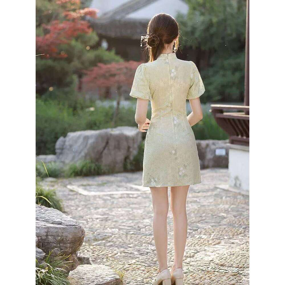 Women Green Improved Cheongsam Slim Vintage Floral Short Dress Summer Party Costumes Sweet Qipao S To XXL MAKOUFEI