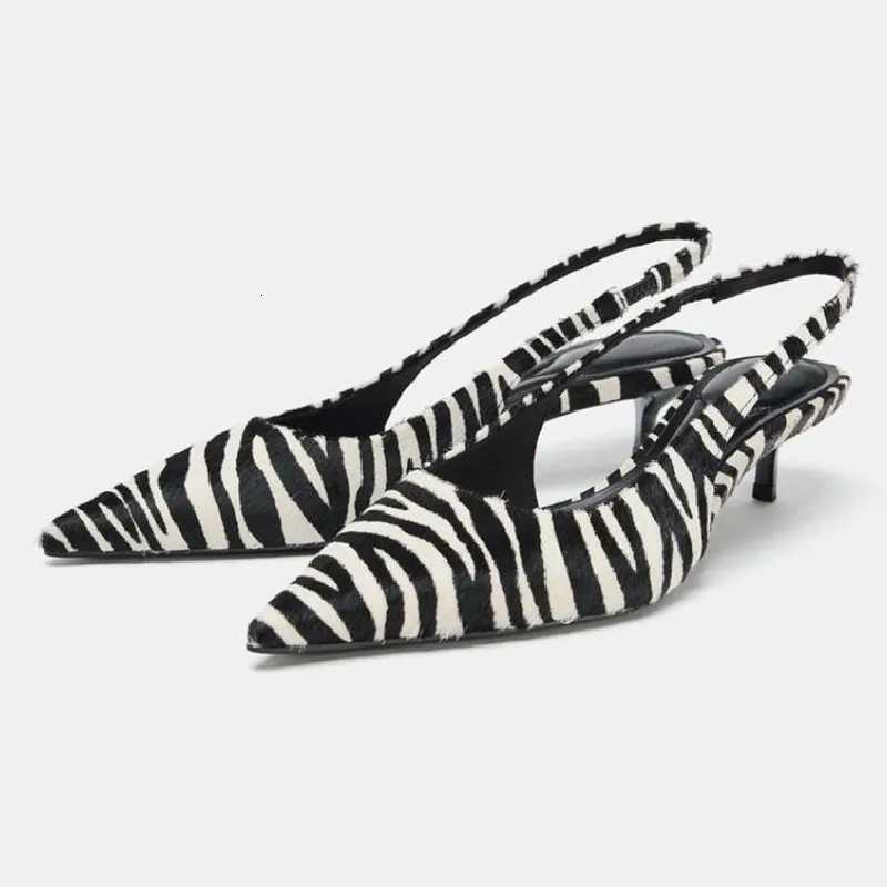 Stylish Zebra Print Design High Heels for Women Sexy Pointed Toe Kitten Heels Sandals Comfortable Street Style Slingback Shoes Z260330