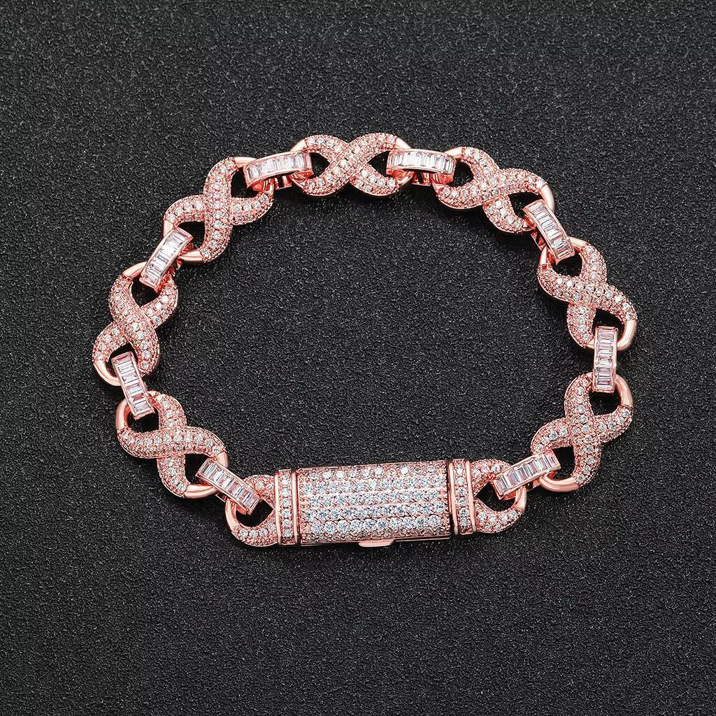 New Trendy Hip Hop Jewelry 10mm Wide Bling CZ Iced Out Infinity Chain Bracelet Rose Gold Plated Infinite Bracelet for Women Men