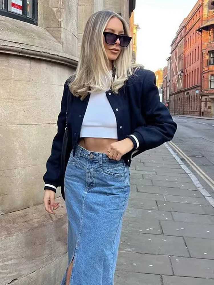 SLTNX Womens Navy Blue Loose Bomber Jacket Spring Casual Streetwear Long Sleeve Front Button Stand Collar Coat OuterwearT260328