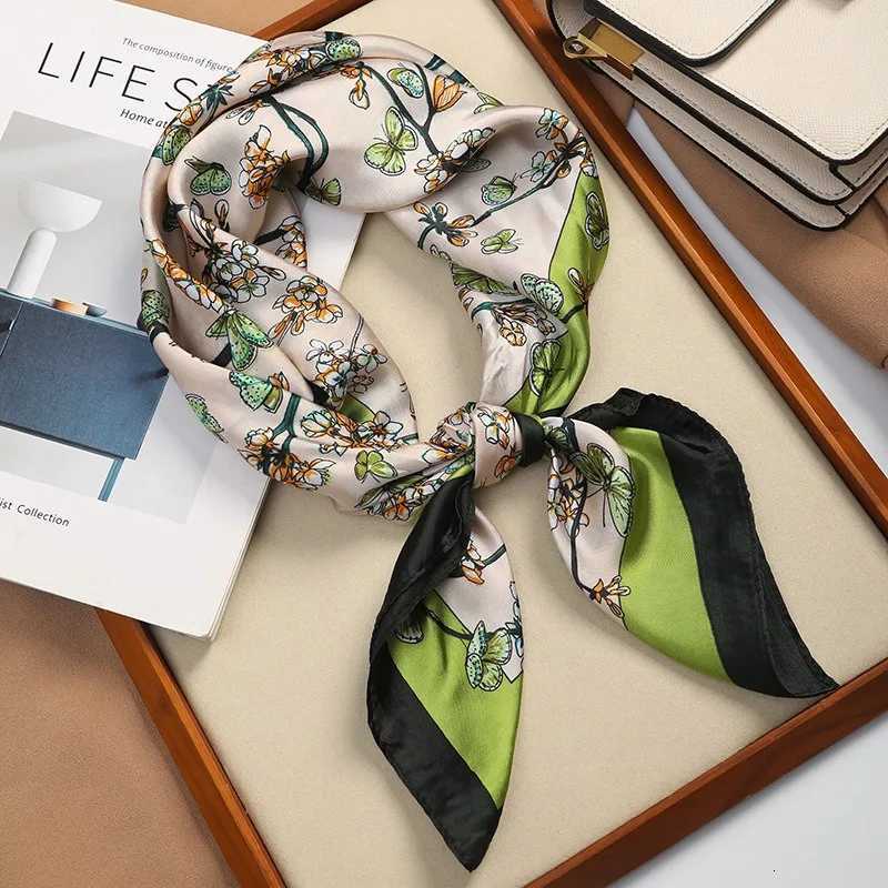 70cm Green Floral Butterfly Scarf Womens Imitation Silk Fresh and Versatile Thin Silk Scarveshigh-end Headscarf Neck Scarf Z260330