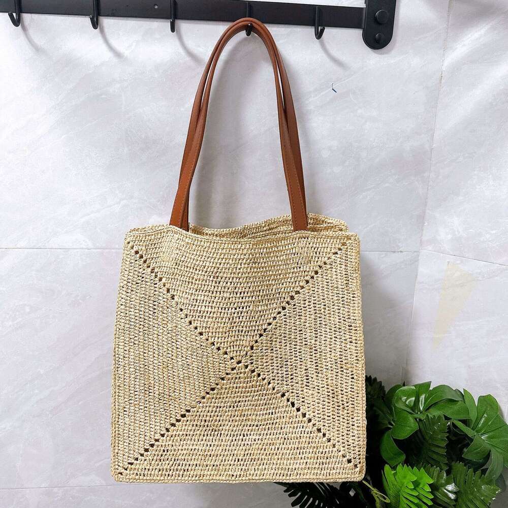 Totebag Shoulder ROSE NOIRE Hand Woven Raffia For Women Large Capacity Simple Vacation Beach Tote Bag Commuter Handbag Shoulder