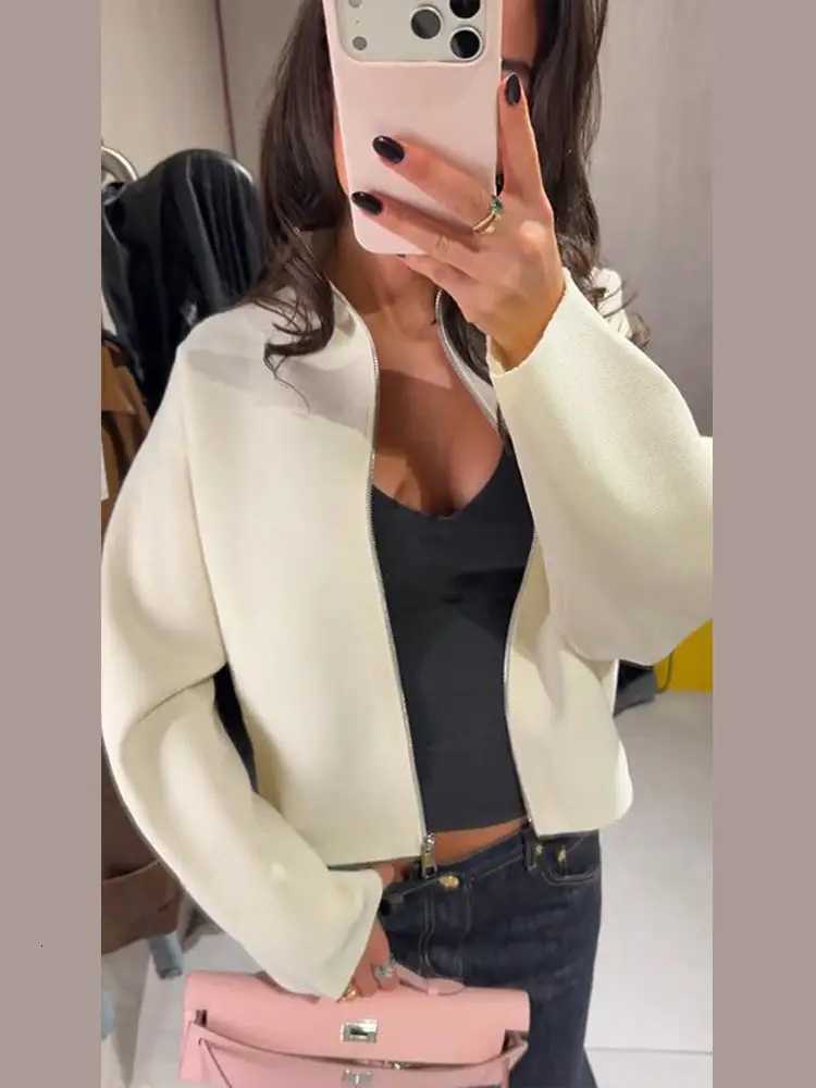Elegant Knitted Solid Womens Coat Loose Zippers Stand Collar Female Short Jackets 2026 Spring Autumn Lady Street OuterwearT260328