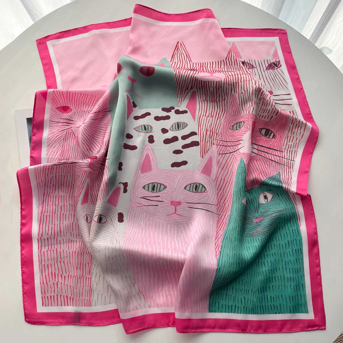 2026 Wen Square Scarf Silk Imitation Cute Cat Cartoon Print Neckerchief Bandana Lady Shawl Scarves Wrap Hair Band Ties X260328
