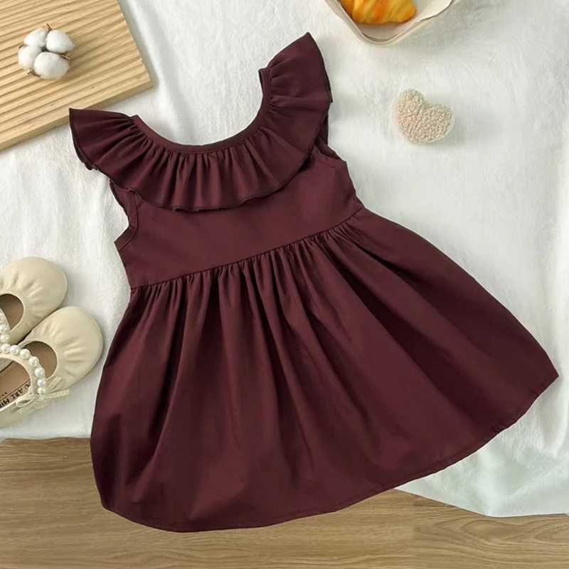 Summer Girls Ribbon Wine Red Dress Simple All-Match Girls DressT260330