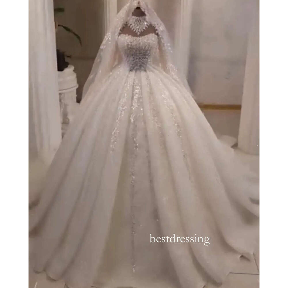 2026 Aso Ebi Plus Size White Ball Gown Wedding Dress Sheer Neck Beaded Applique Full Sleeves Elegant Vintage Bridal Gowns Dresses Zj0498 D0330