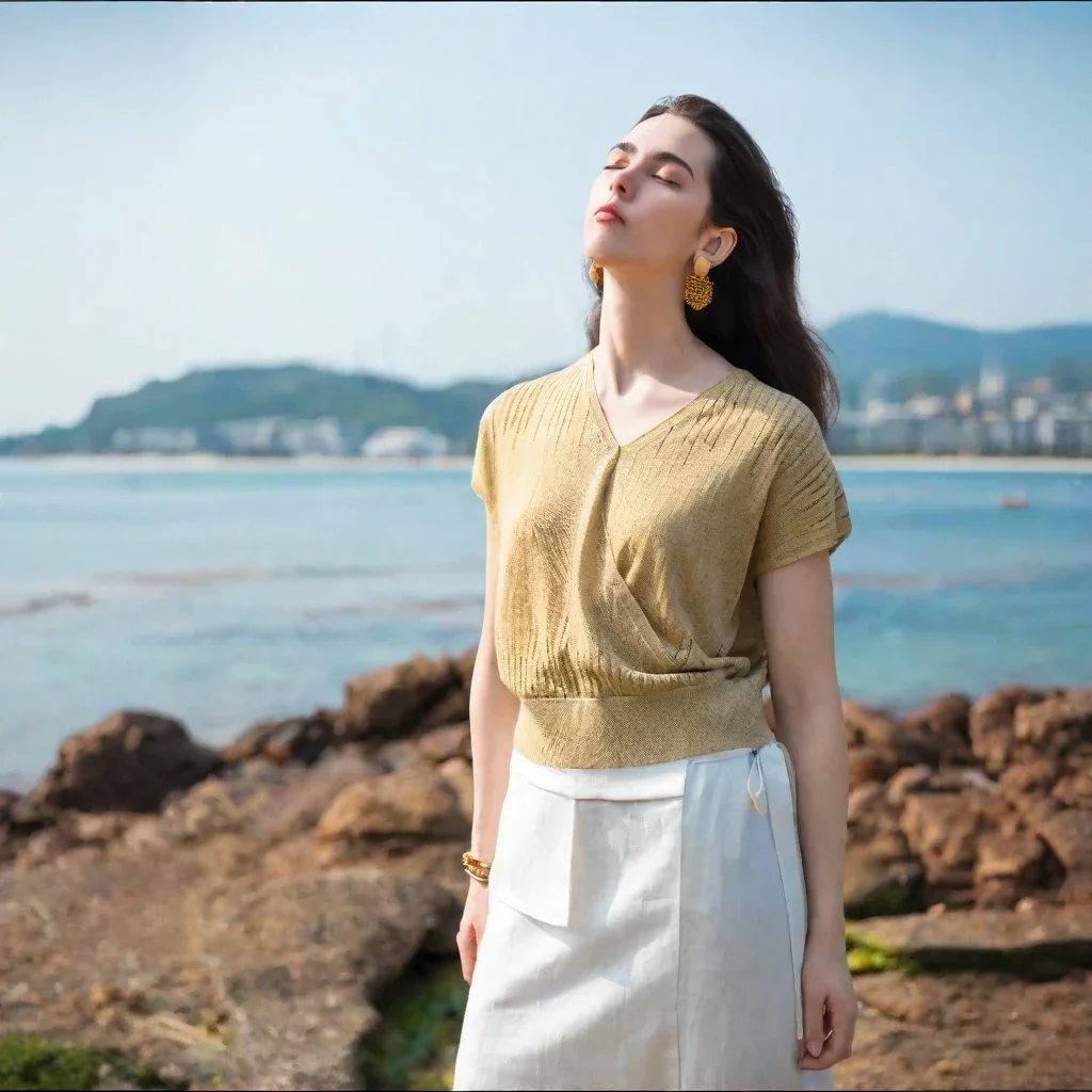 Luxury Designer Gold Knit Top Women French Style V Neck Cap Sleeve Blouse Summer Sexy Cross Front Slim Fit Top with White Patchwork Linen Skirt