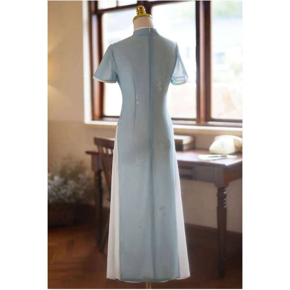 New Women Blue Long Cheongsam Summer Short Sleeve Elegant Vintage Embroidery Dress Gentle Qipao S To 2Xl High-Fashion MAKOUFEI