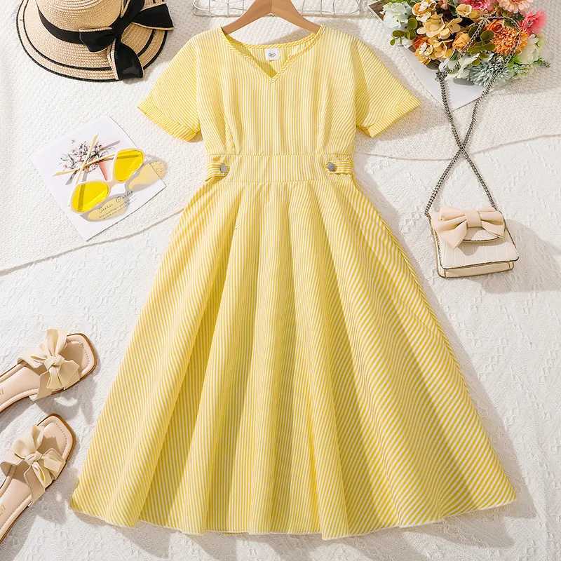 Kids Casual Dress For Girls Clothes Summer 2025 New Children Fashion Short Sleeve High Waist Pink Princess A-Line Dress 7-14YT260330