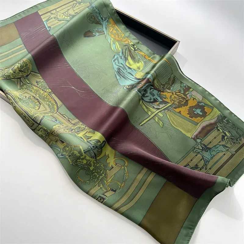 Spring/Summer Retro Horse Print Neckerchief 7070cm Green Square Scarf Womens Breathable Imitation Silk Bandannas Z260330