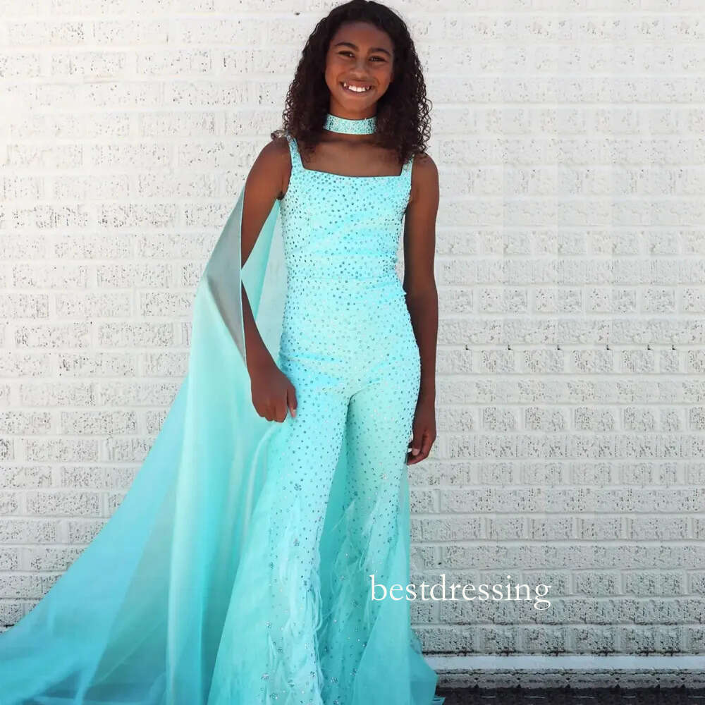 Modest Beaded Jumpsuit Girls Pageant Dress 2024 Square Neck Feather Birthday Party Gown Little Kids Outfit With Cape D0330