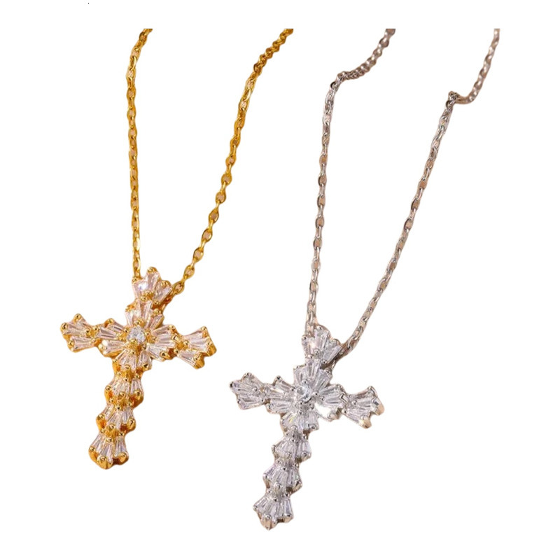 Luxury Zirconia Cross Pendant Necklace Zircon Crystal Jewerly for Women Stainless Steel Chain Charm New Trend Aesthetic collares
