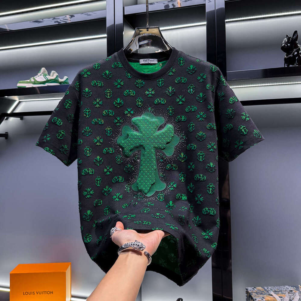 European-style men's high-end rhinestone-embellished short-sleeve T-shirt, luxury new summer trendy brand, loose-fitting, light-luxury American s