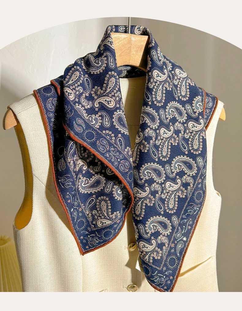 Psychedelic Paisley Silk Wool Scarf for Wen Autumn/Winter Deep Blue Versatile Warm Elegant Square Shawl X260328