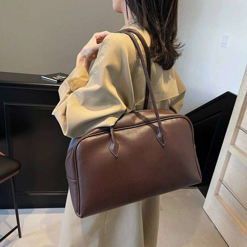 MOODS Oversized Bowling Shoulder Bags For Women Soft PU Leather Pure Color Lychee Pattern Large Capacity Travelling Shopper Tote