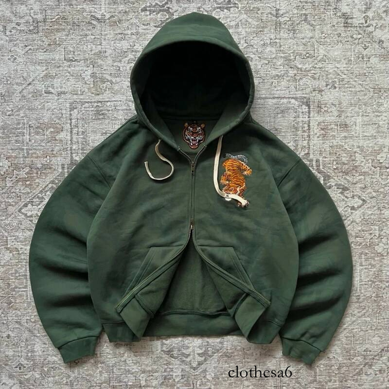 Y2K Retro Hoodie Tiger Jaw Embroidery Double Zippers Sweatshirt Men Harajuku Trendy Casual Streetwear Unisex Oversized Clothing