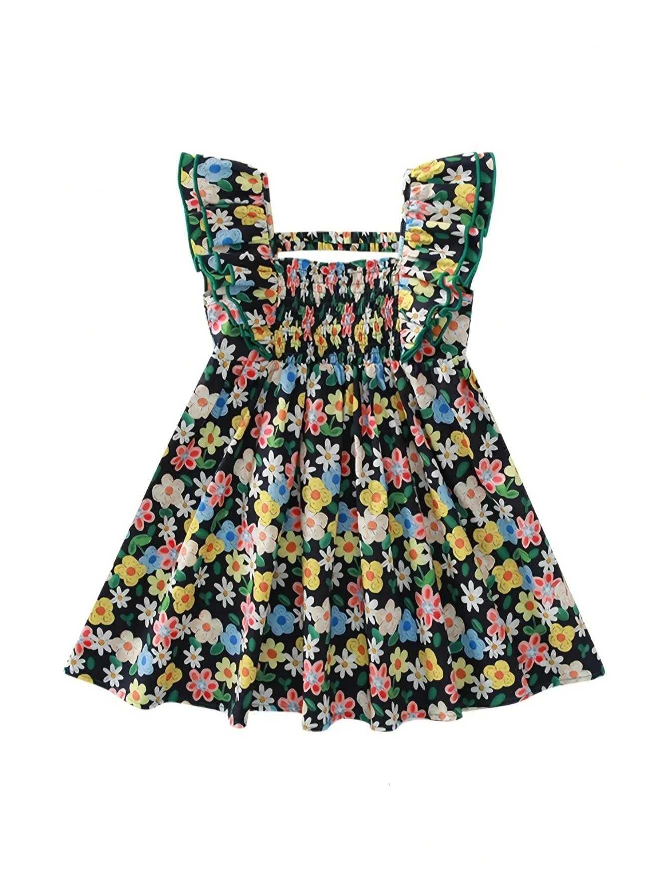 Girls mid length dress with ruffle sleeves cool summer style suitable for parties and casual wear A-line cut girls dressT260330