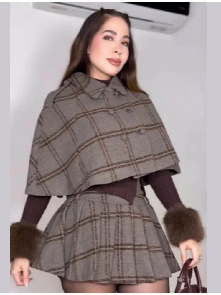 Detective Plaid Coat Skirt Sets For Women Lapel Double Breasted Cape Jacket Pleated Hem Mini Skirt 2026 Lady Vintage Outfits 260326