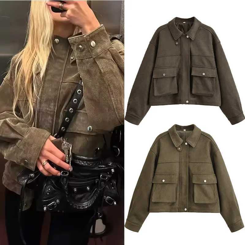 NERHEFZ Casual Womens Suede Bomber Jackets Loose Lapel Zipper Long Sleeve Pockets Female Coats 2025 Autumn Lady Commute OutwearT260328
