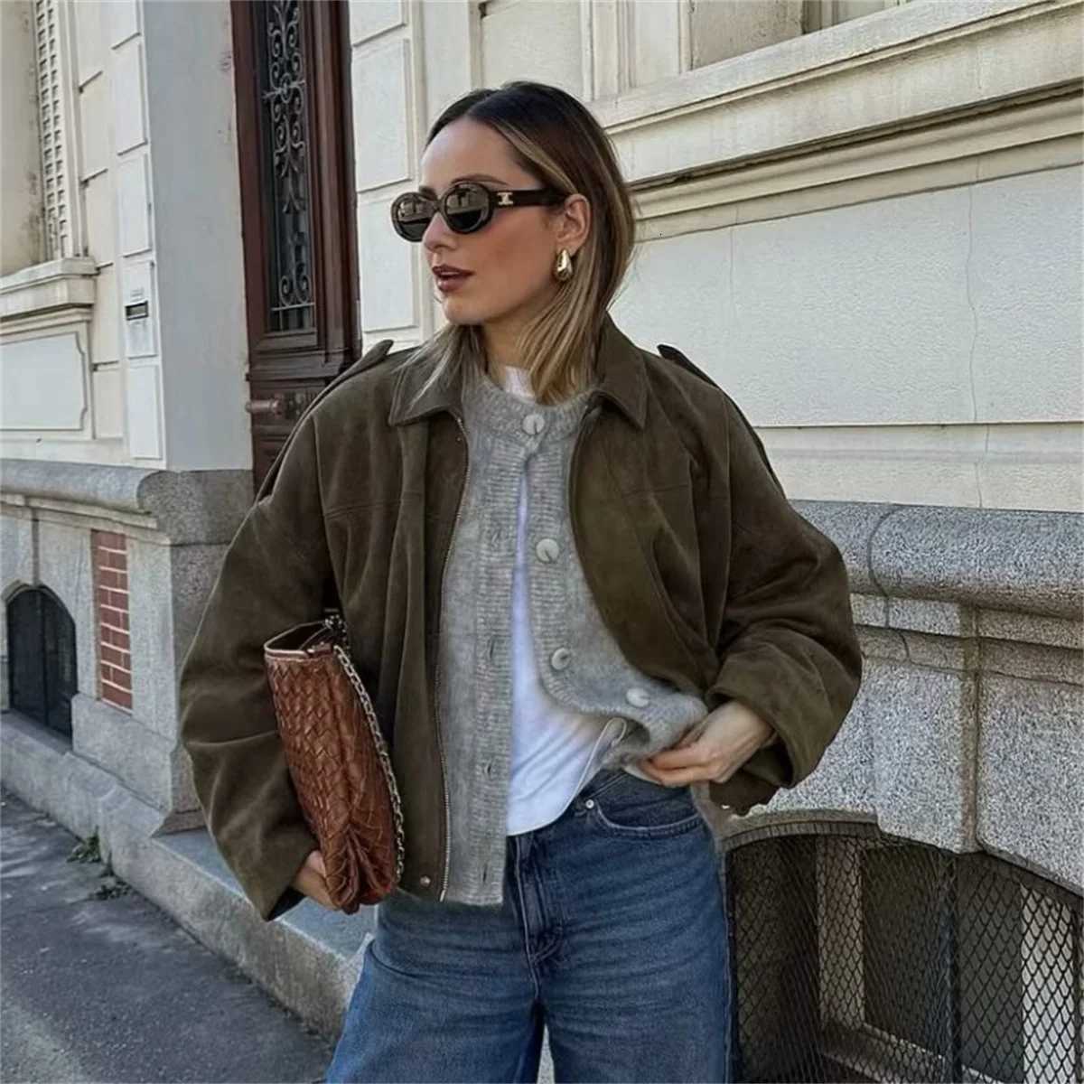 Womens Army Elegant Bomber Jackets Coats Fashion Turn-down Collar Long Sleeve Loose Coats Vintage Female Outerwear Chic TopsT260328
