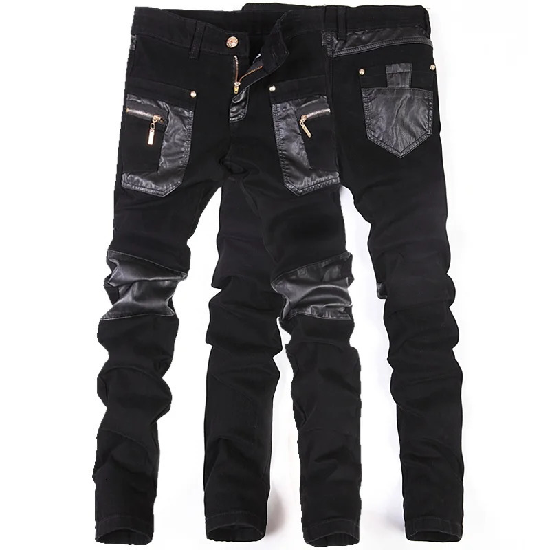 Fashion Men Leather Pants Patchwork Casual Skinny Mens Motorcycle Jeans High Quality Mens Slim Trousers Jeans Size 28-36 260326