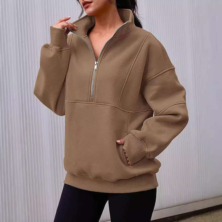 2026 European and American women's clothing, pocket half-zip loose casual patchwork stand-up collar fleece-lined sweatshirt