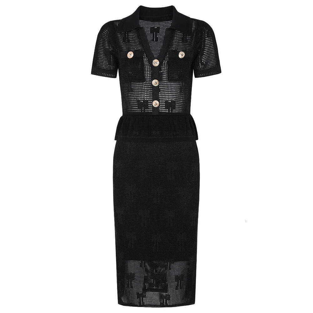 Spring and summer new designer European and American high-quality knitted r27 r27 lapel slim fit women's short sleeved dress