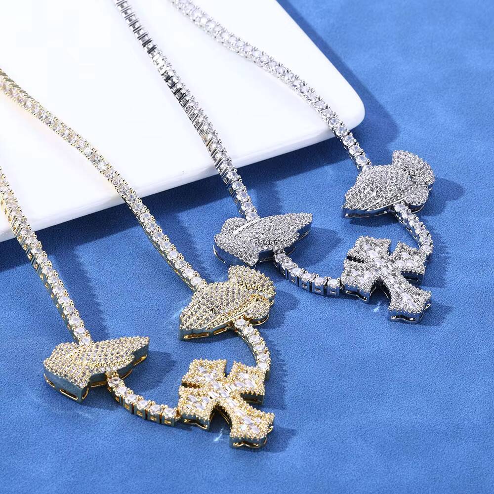 European American Vintage S925 Silver Moissanite Cross Praying Hands Tennis Chain Custom Hip Hop Mens Necklace