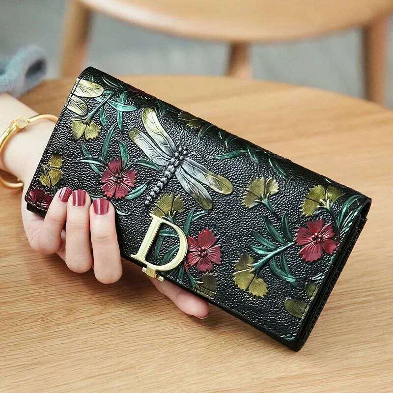 Chinese Embroidery Genuine Leather Female D Embossing Ladies Personality Retro Long Clutch Wallet Women Purse Coin Holders Clutch Bags