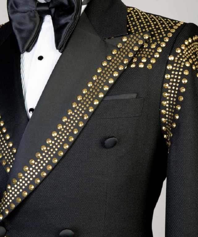 Retro Men's Jacket Beaded Groom Blazer 2 Pieces Peaked Lapel Double Breasted Tuxedo Beading Coat Customized Jacket Pants