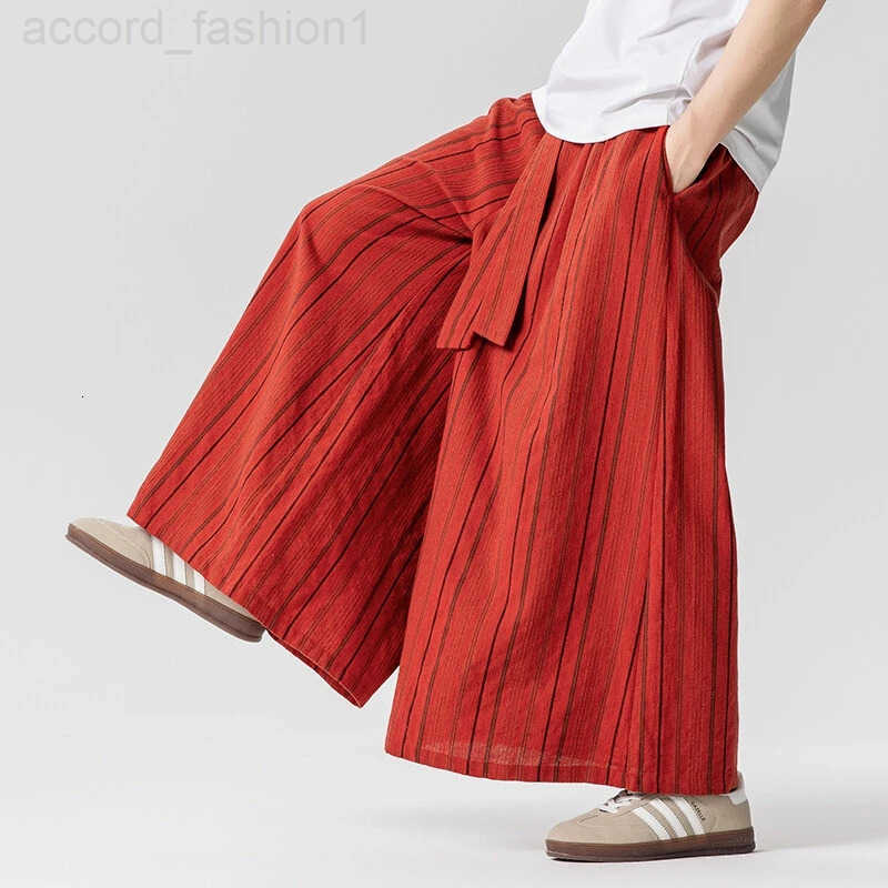 Striped Pants Mens Cotton Linen Comfortable Breathable Wide Leg Trousers Kimono Japanese Samurai Casual Loose Fashion Pants Men H260330
