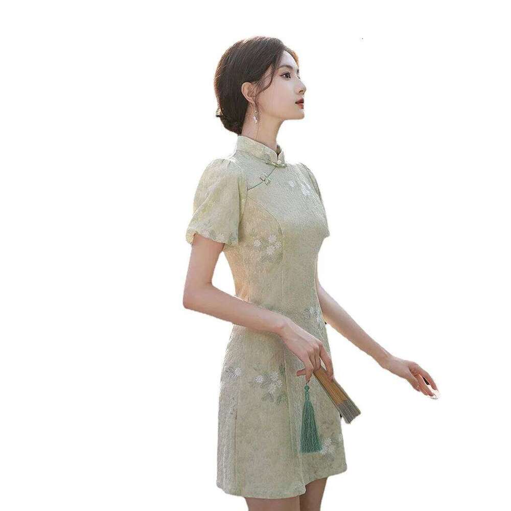 Women Green Improved Cheongsam Slim Vintage Floral Short Dress Summer Party Costumes Sweet Qipao S To XXL MAKOUFEI