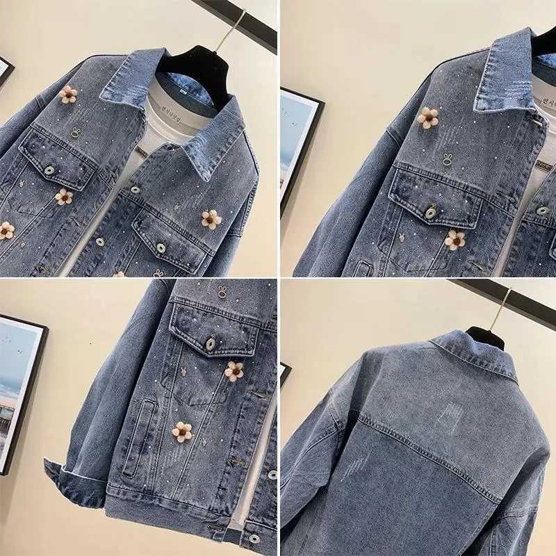 Large Size Women Denim Jacket Spring Autumn Long Sleeved Retro hot Diamond Jeans Coat New Female Casual Loose Cowboy Outwear TopT260328
