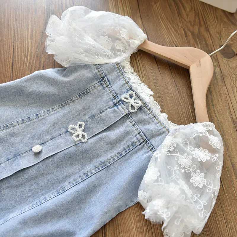 2022 Summer Girls Temperament Dress New Pearl Seersucker Sleeves Stitching Soft Denim A-Line Dresses ChildrenS Fashion ClothingT260330