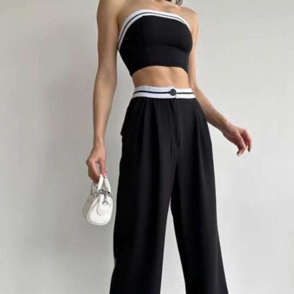 European and American Foreign Trade Women's Fashion New Hot Girl Outerwear Sports Vest Tube Top Color-Block High-Waisted Wide-Leg Pants Casual Se