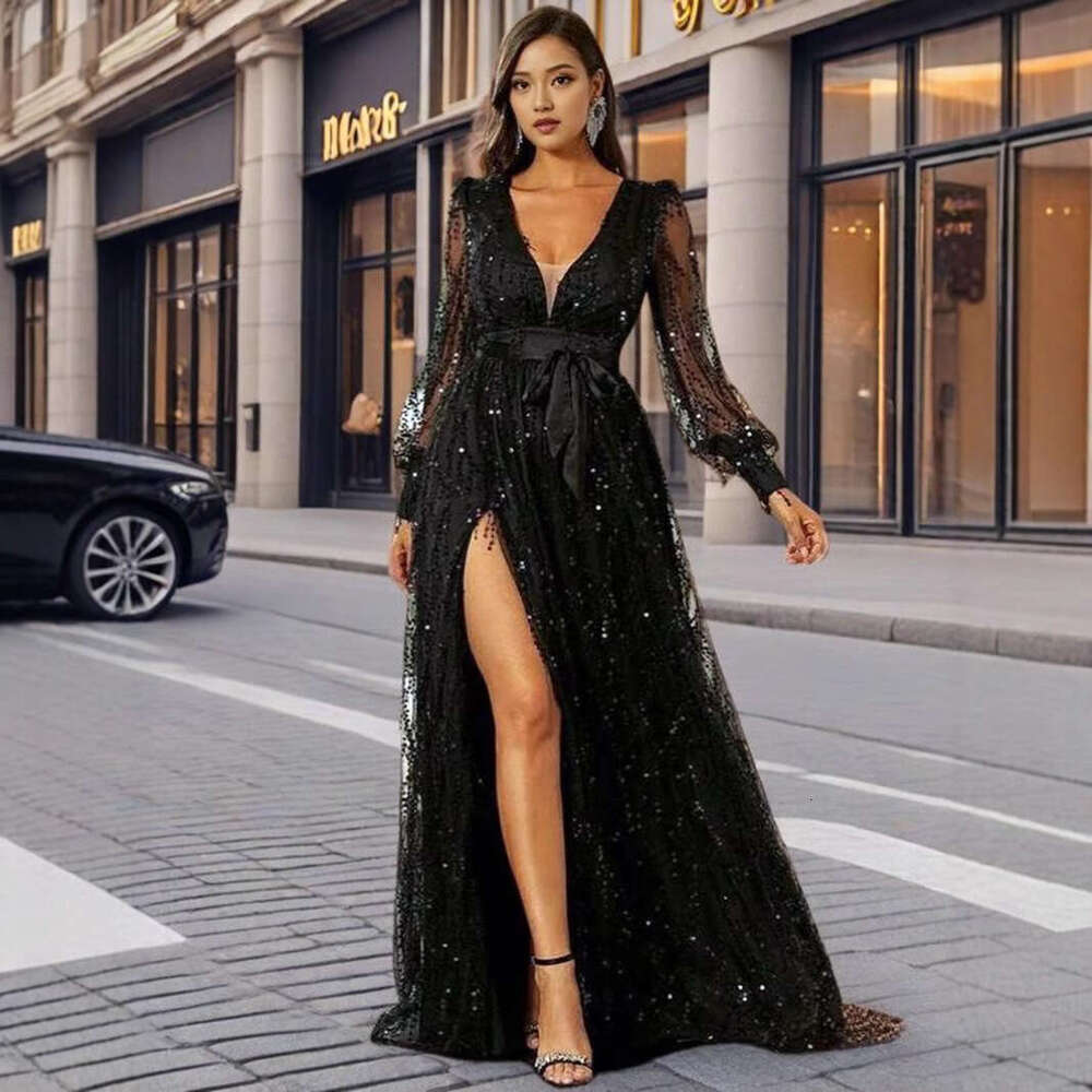 2026 European American cross-border women's new autumn mesh sequin long evening dress for banquets and events