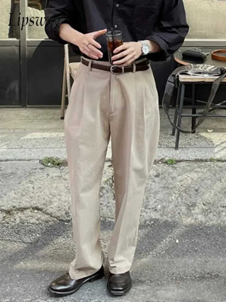 Business Office Casual Pants Men 2026 Spring Summer Trendy Pleated Pure Color Trousers Vintage Mens Loose Straight Suit Trousers H260330