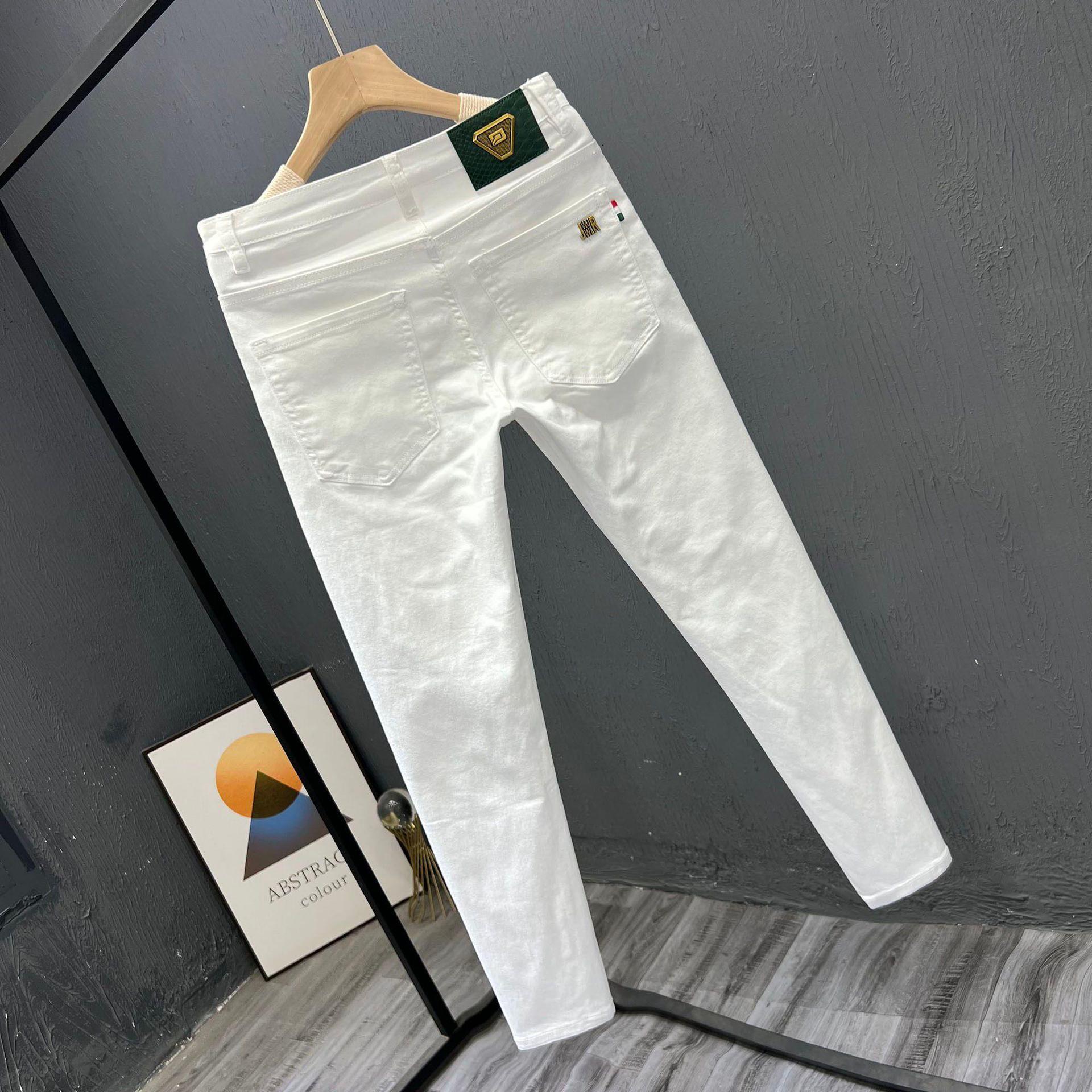 Luxury Brand Designer Clothes High-End Men's White Pants Simple Summer Trendy Men's Business Cotton Skinny Jeans Slim Fit Cropped Pants