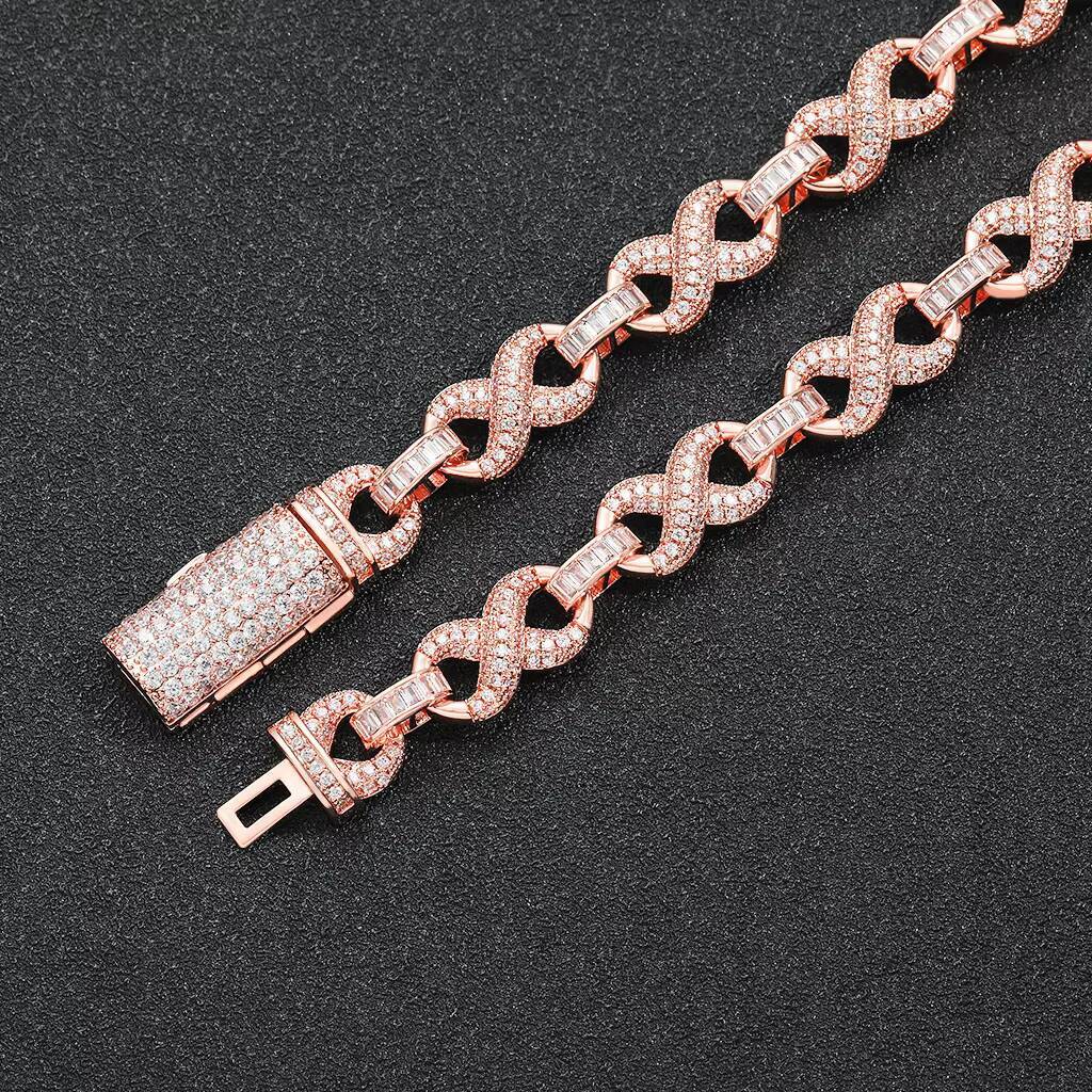 New Trendy Hip Hop Jewelry 10mm Wide Bling CZ Iced Out Infinity Chain Bracelet Rose Gold Plated Infinite Bracelet for Women Men