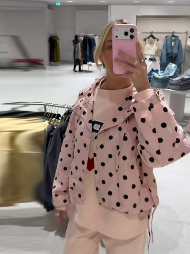 Chic Polka Dot High Neck Short Jacket For Women Long Sleeve Loose Lace Up Coat Commuter Casual Outwears 2026 Lady Streetwear 260326